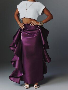 Red Violet Asymmetrical Women's Ruffle Draped Maxi Skirt